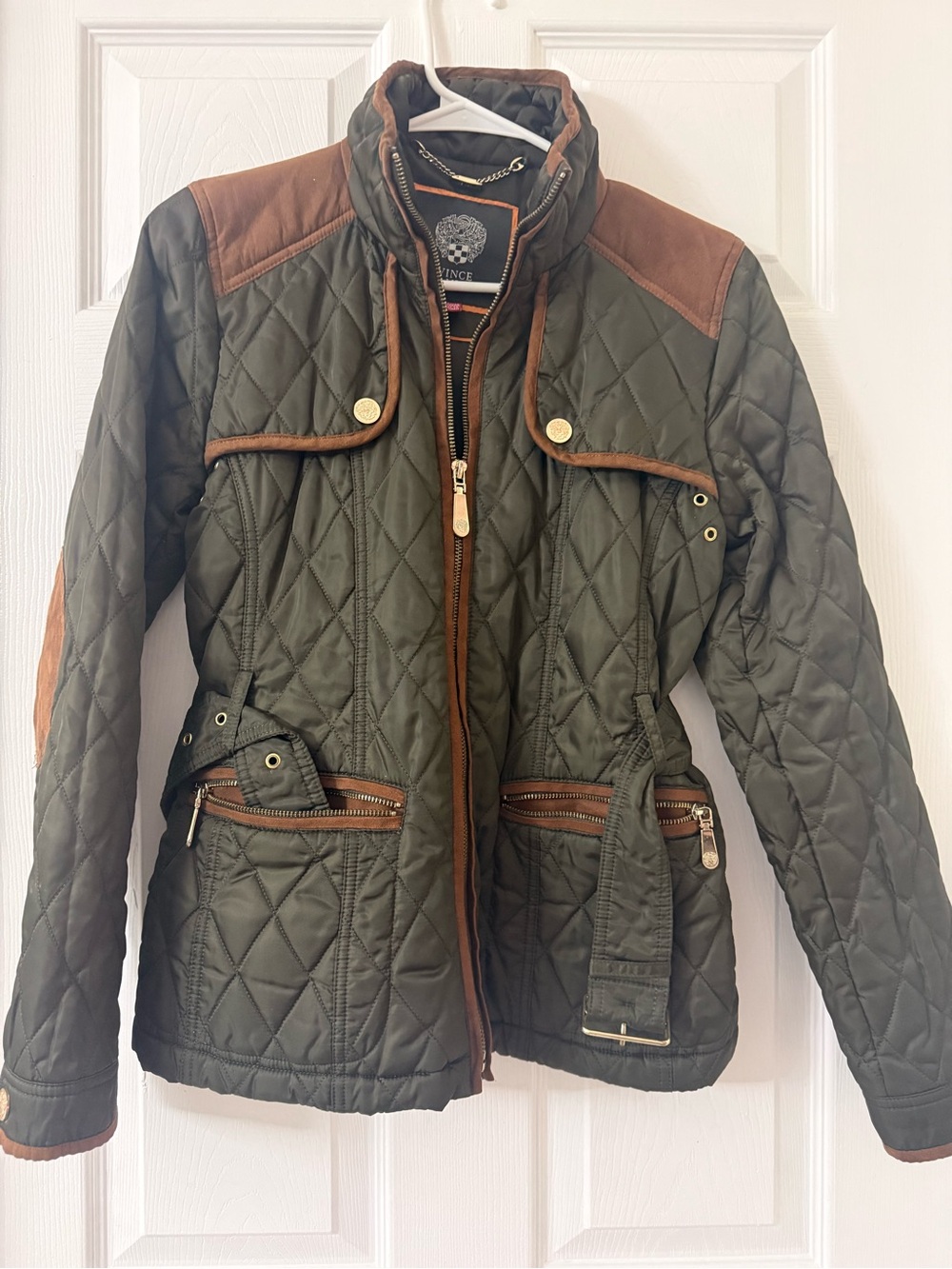 Vince Olive Quilted Puffer Jacket with Brown Trim